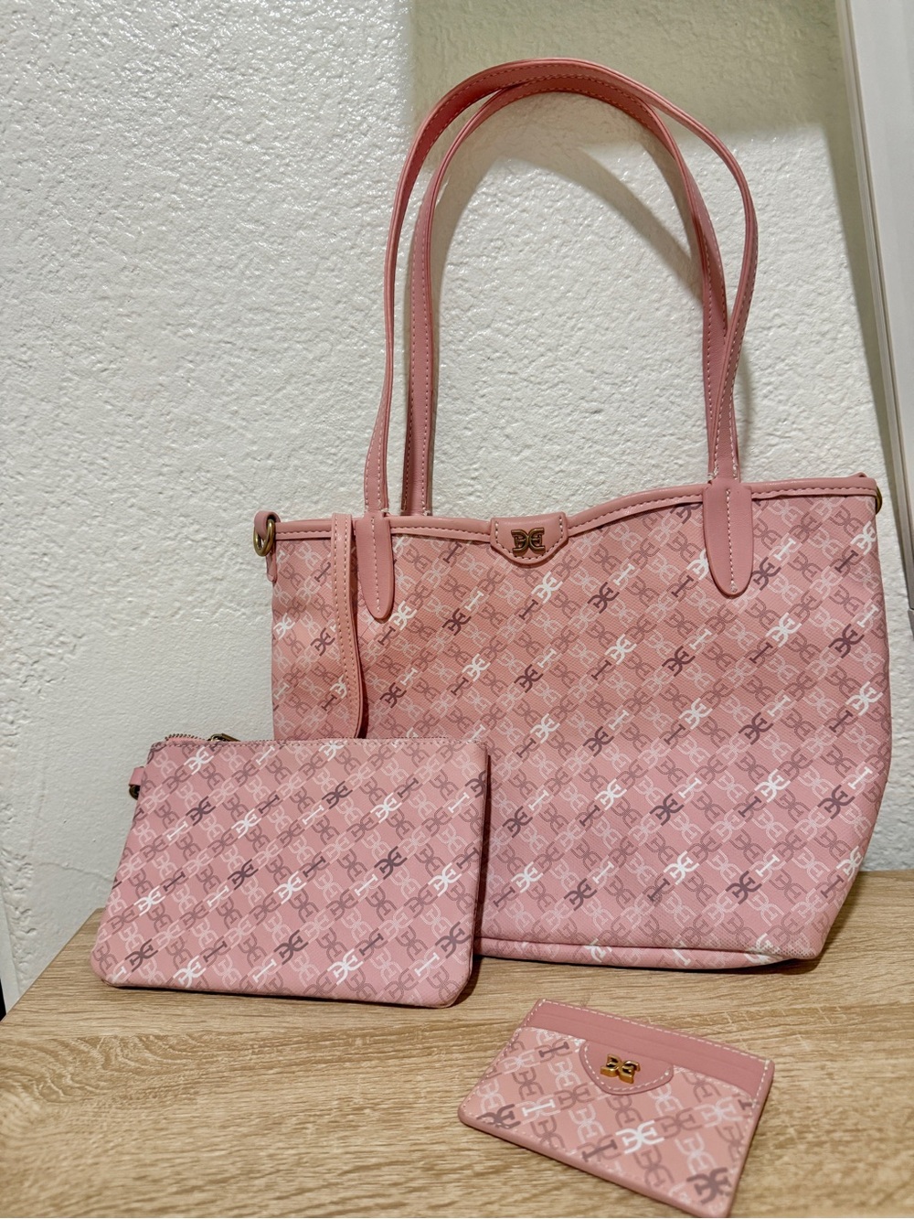 Sam Edelman Pink Monogram Harper Tote with Matching Pouch and Cardholder
